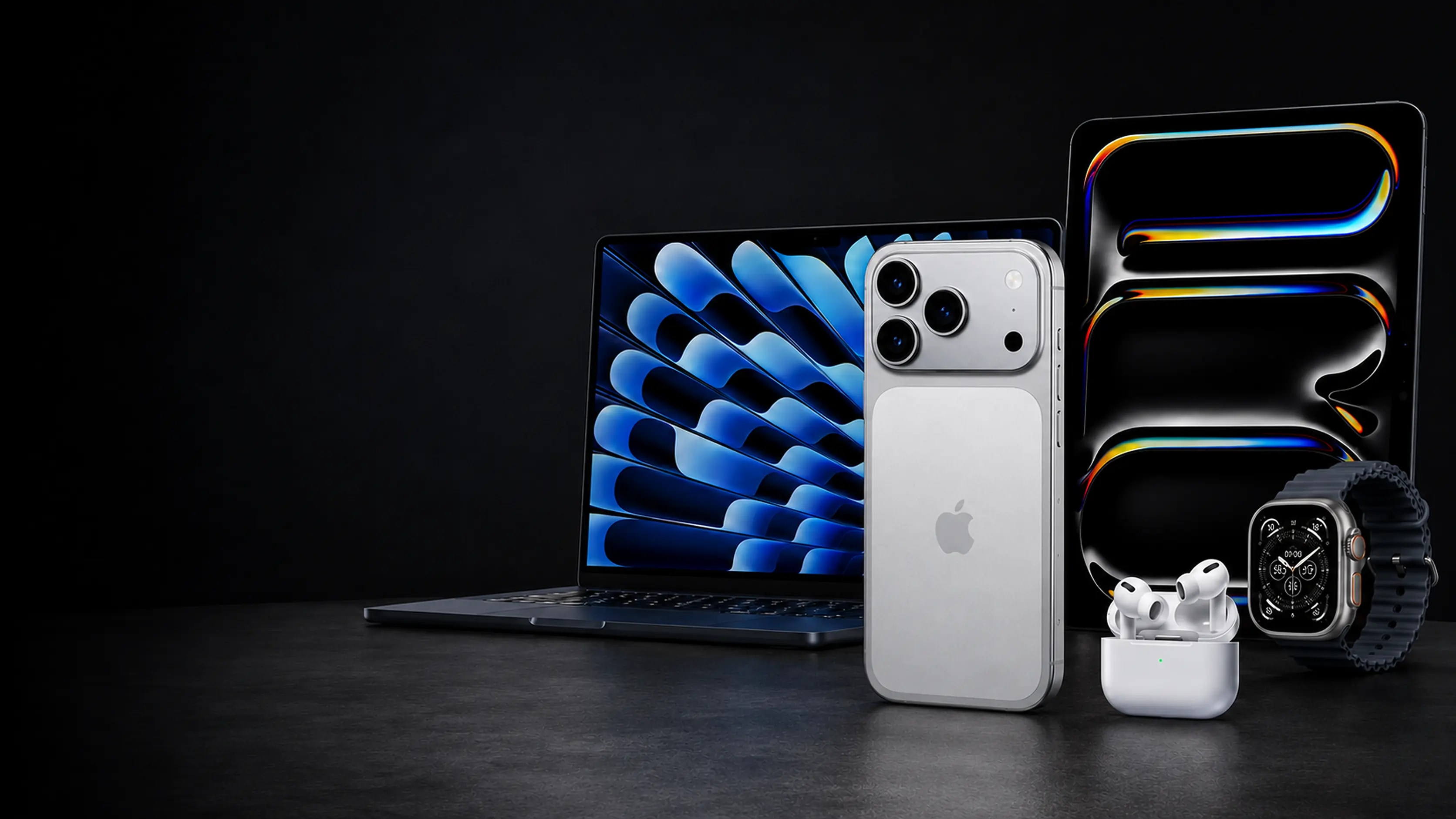 MacBook, iPhone, iPad, AirPods e Apple Watch em uma composição editorial